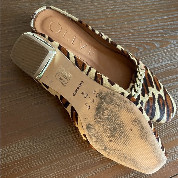 Olive Leopard Print Mules Flats Size7 Calf Hair Textured Upper Styled Clmfort - Picture 13 of 13